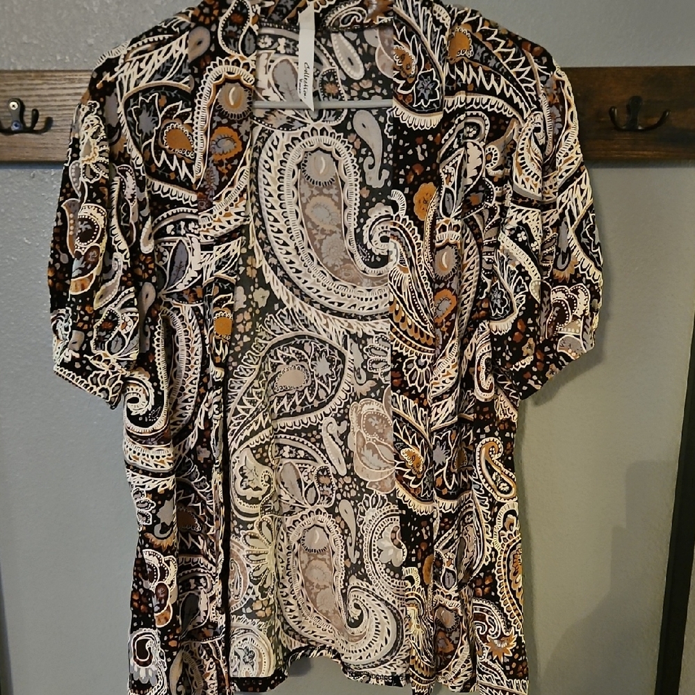 New York Collection Cardigan Paisley Shirt - Black, Brown, Cream